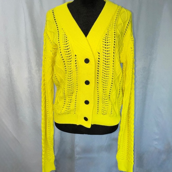 RtA Yellow Cable Knit Button Cardigan Sweater S Preppy Layering 100% Cotton - Picture 1 of 11